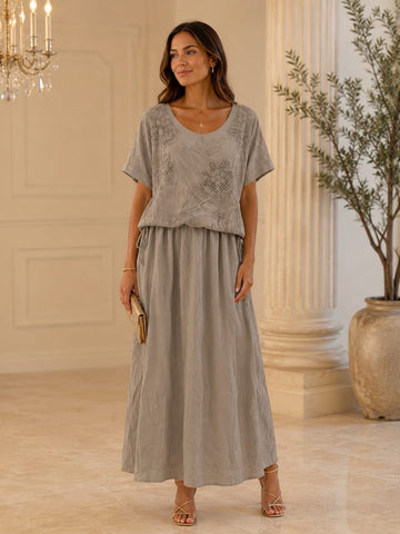 Embroidered Cinched Waist Midi Dress - Mocha