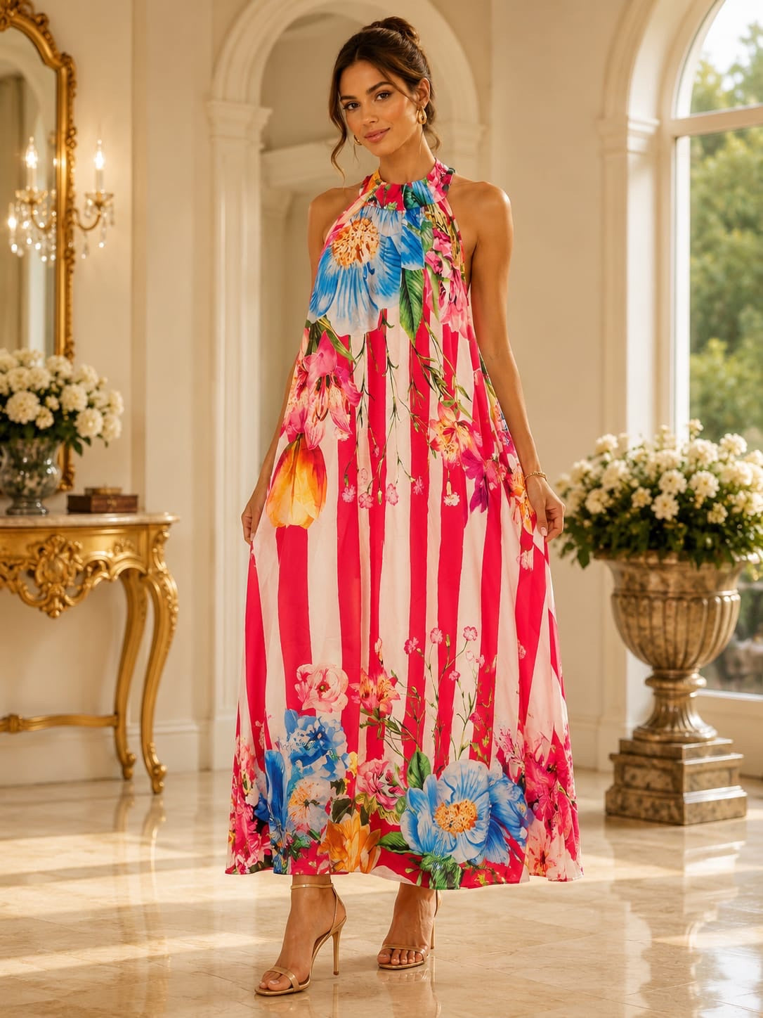 Maxi Dress with Floral Print and Halter Neck - Red