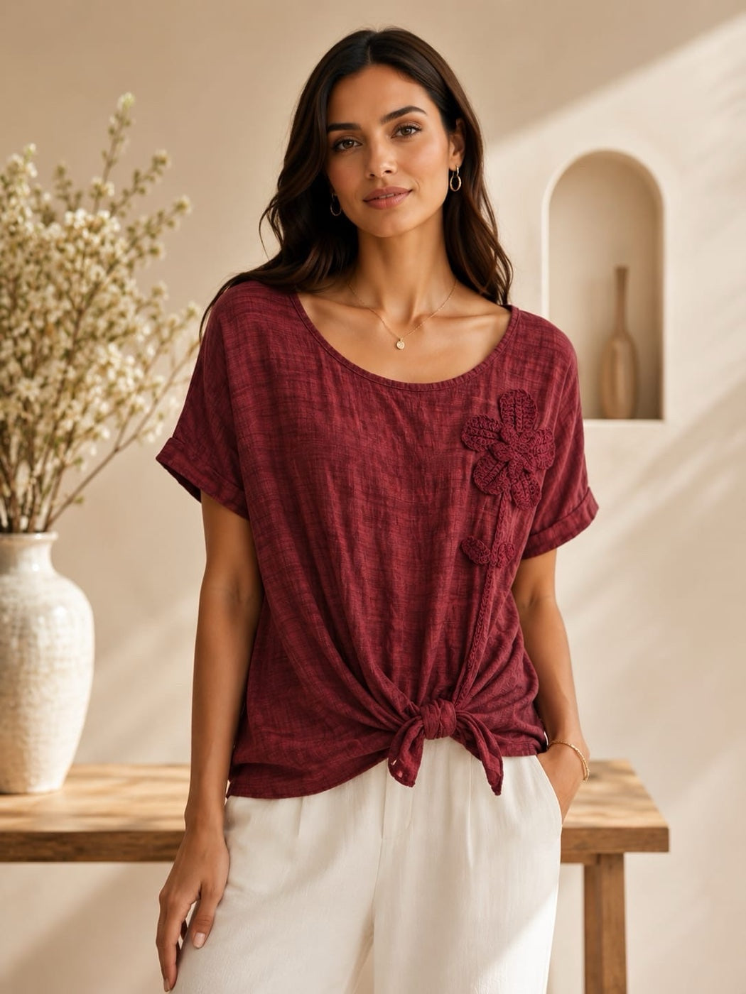 Textured Knot Hem Top with Floral Appliqué - Burgundy