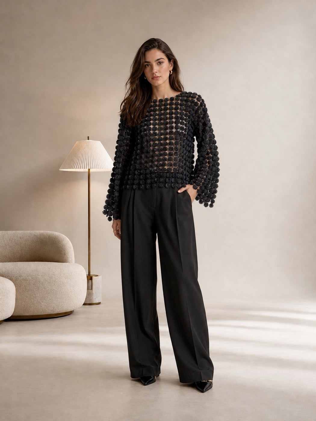 Embellished Floral Overlay Top - Black