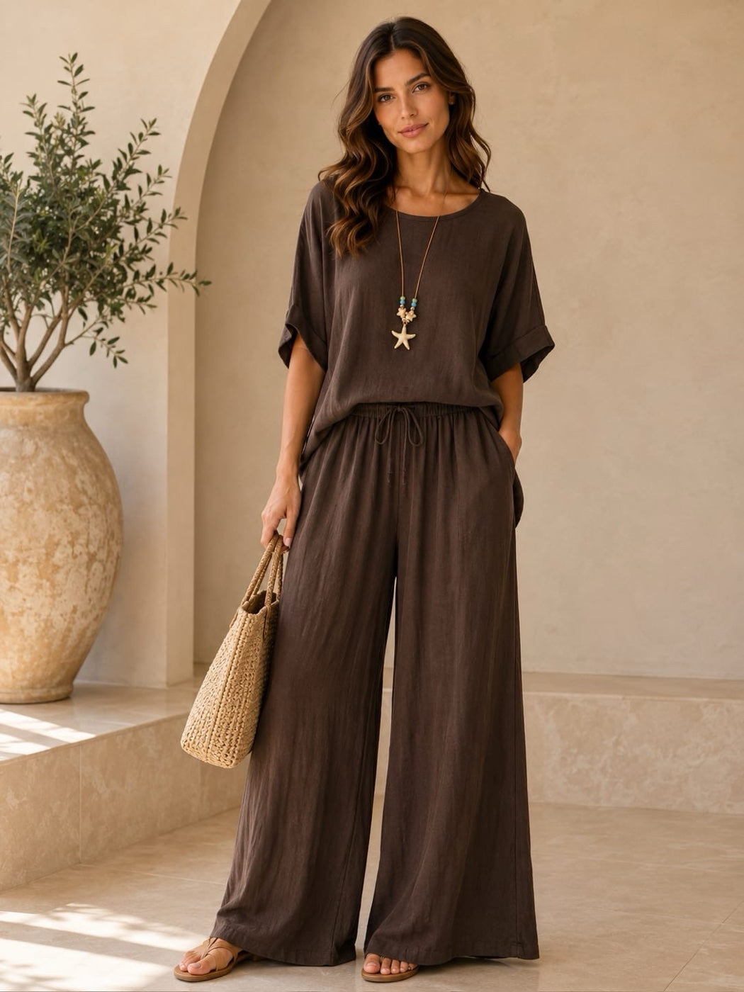 Linen Wide-Leg Trouser and Boxy Top Set - Chocolate