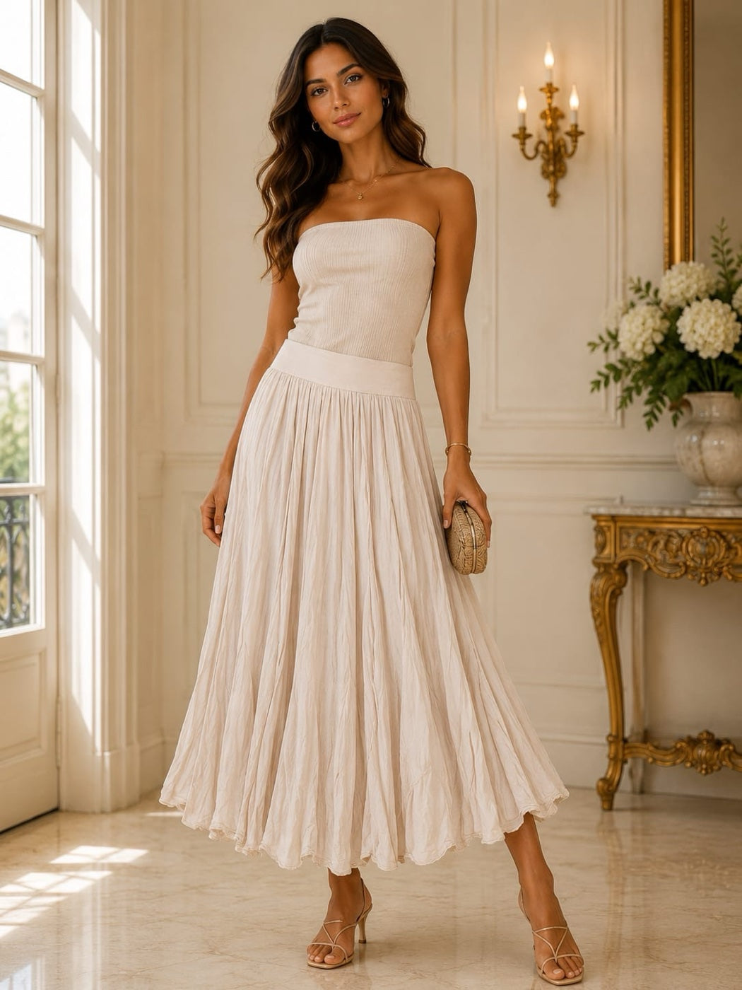 Flowing Scalloped Hem Maxi Skirt - Beige