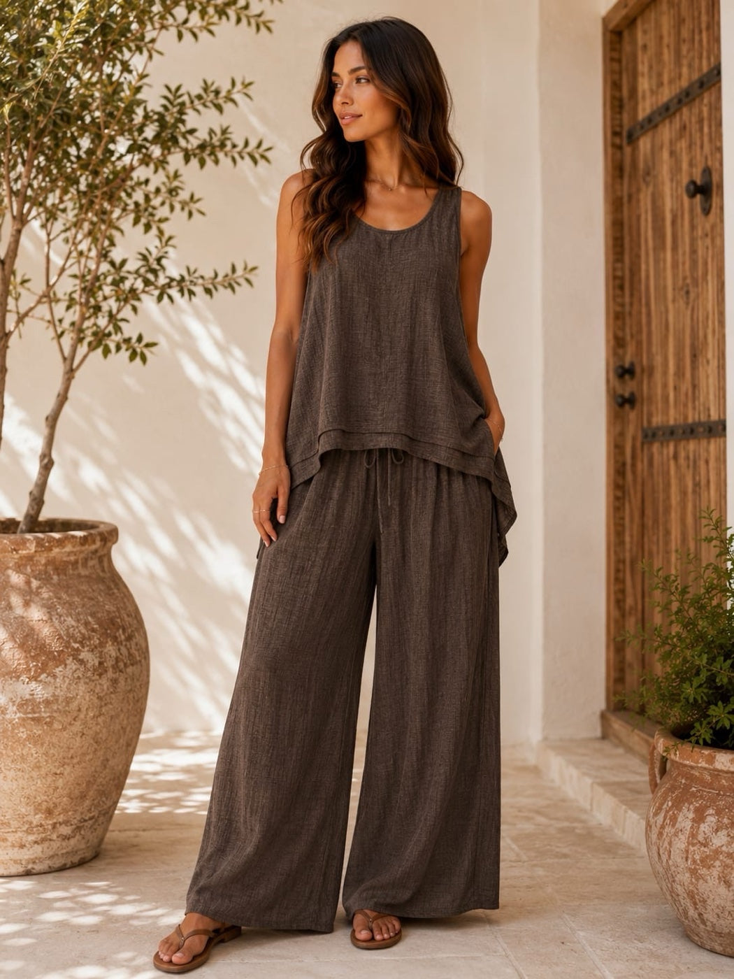 Layered Tank & Wide-Leg Trouser Set - Chocolate