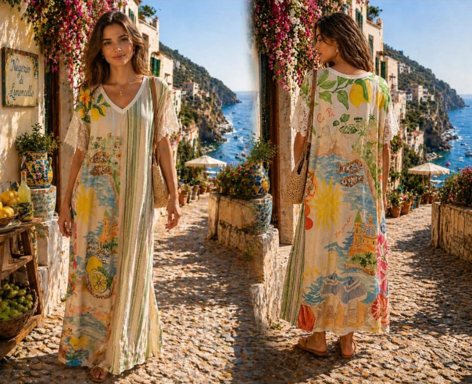 Italian Coastal Village Print Maxi Dress - Beige