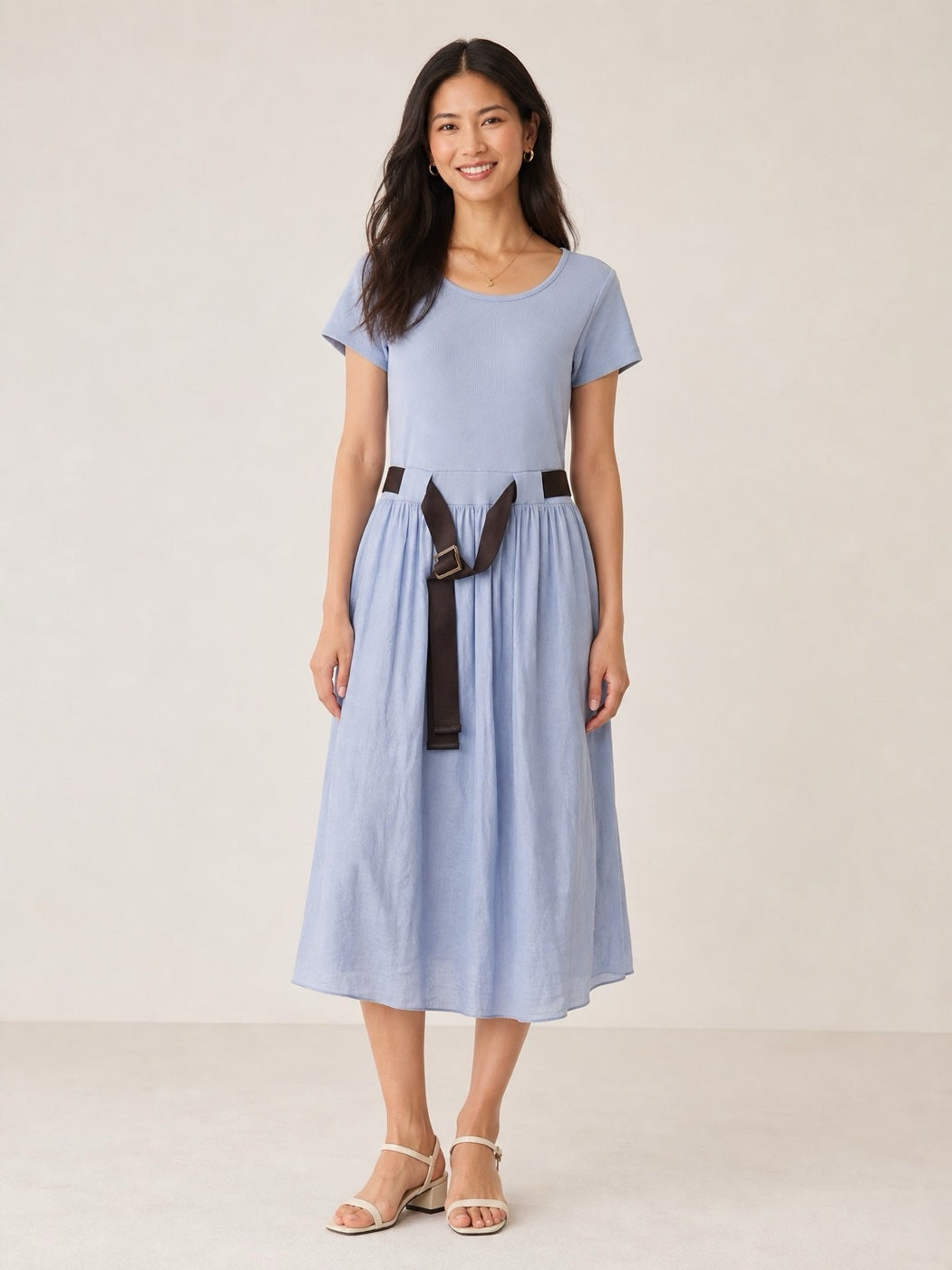 Scoop Neck Belted Midi Dress - Cornflower Blue