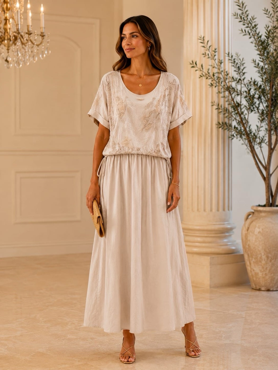 Embroidered Cinched Waist Midi Dress - Beige