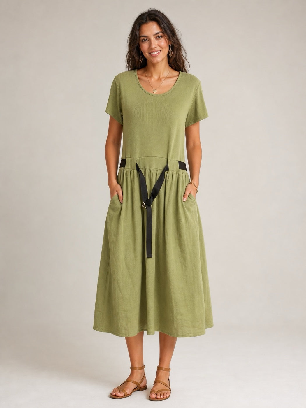 Scoop Neck Belted Midi Dress - Olive Green