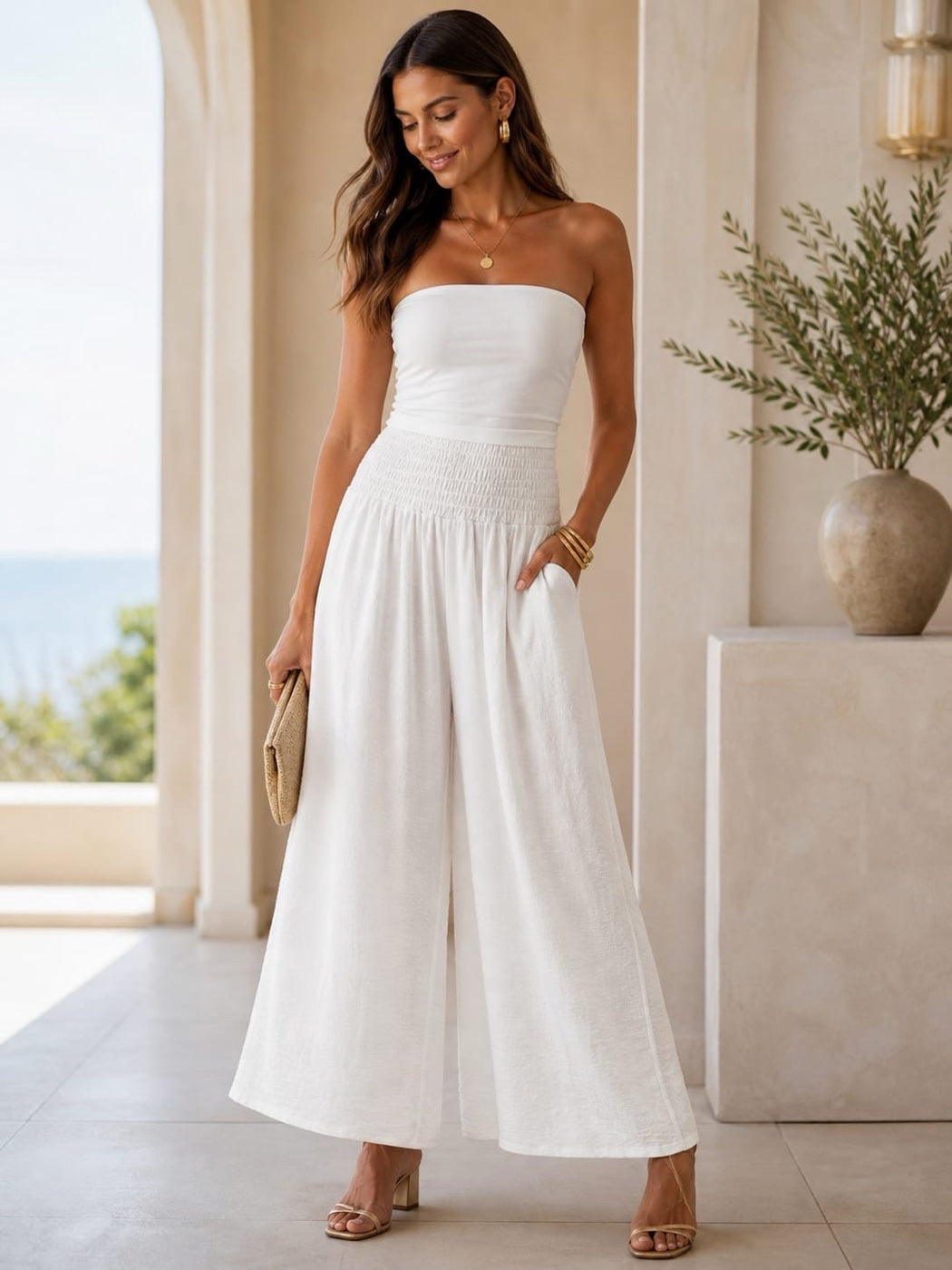 Smocked Waist Wide-Leg Culottes - White