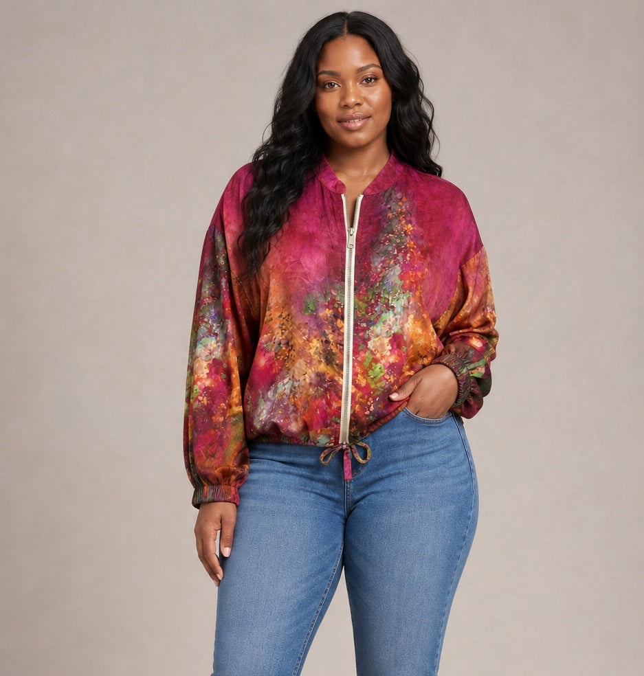 Painterly Floral Bomber Jacket - Fuchsia