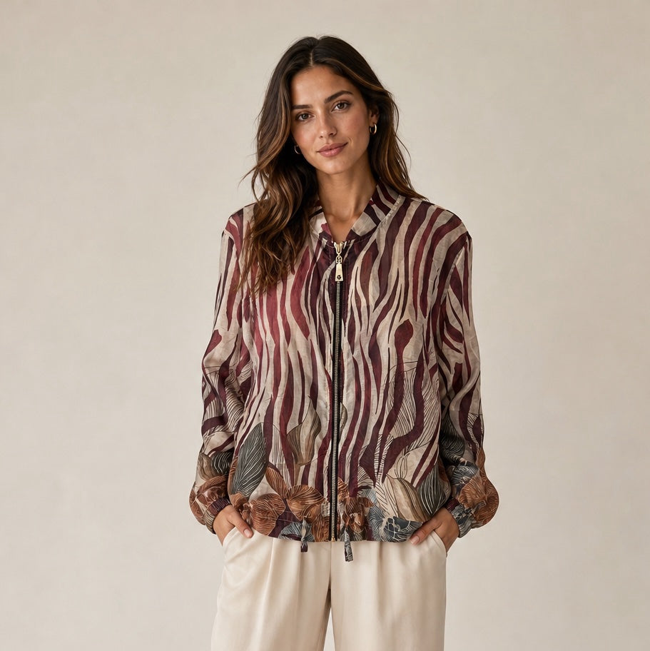 Abstract Leaf Print Bomber Jacket - Burgundy