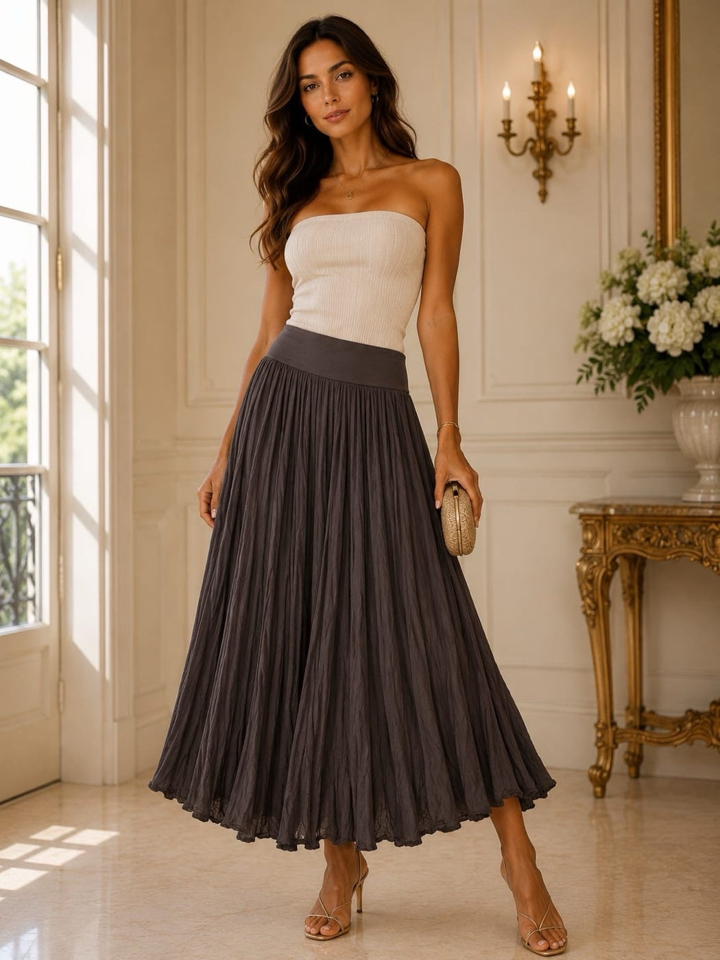 Flowing Scalloped Hem Maxi Skirt - Chocolate