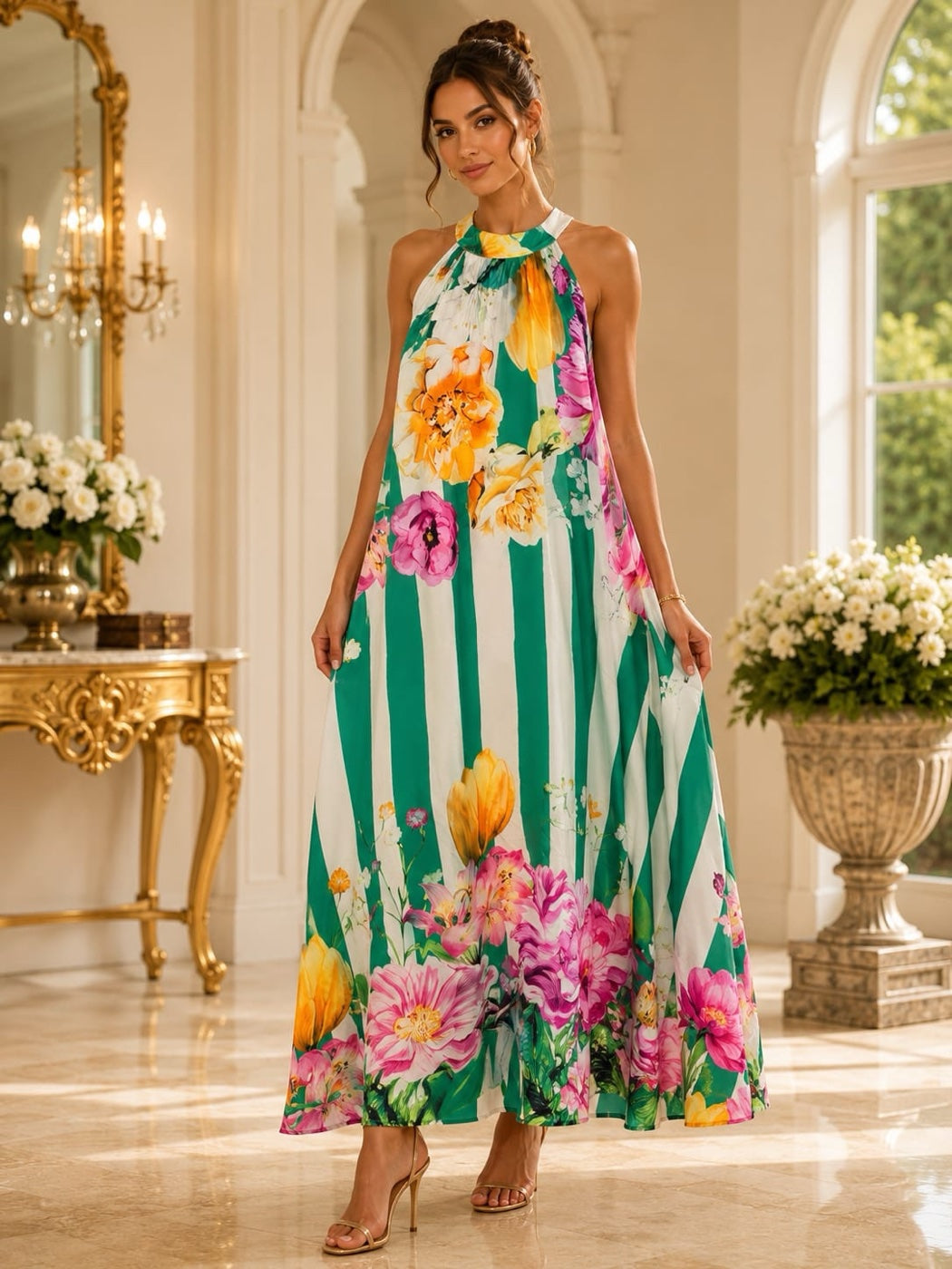 Maxi Dress with Floral Print and Halter Neck - Green