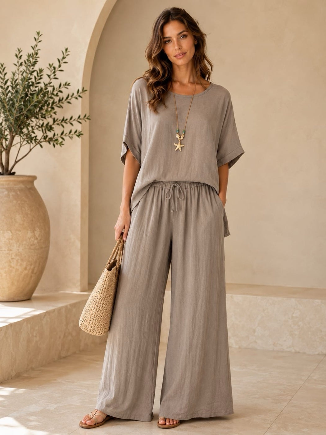 Linen Wide-Leg Trouser and Boxy Top Set - Mocha
