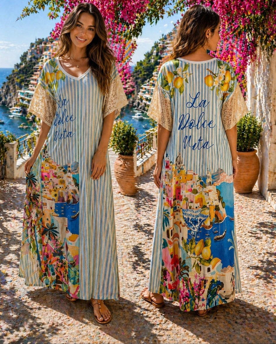 Positano Print Maxi Dress with Lace Sleeves - Beige