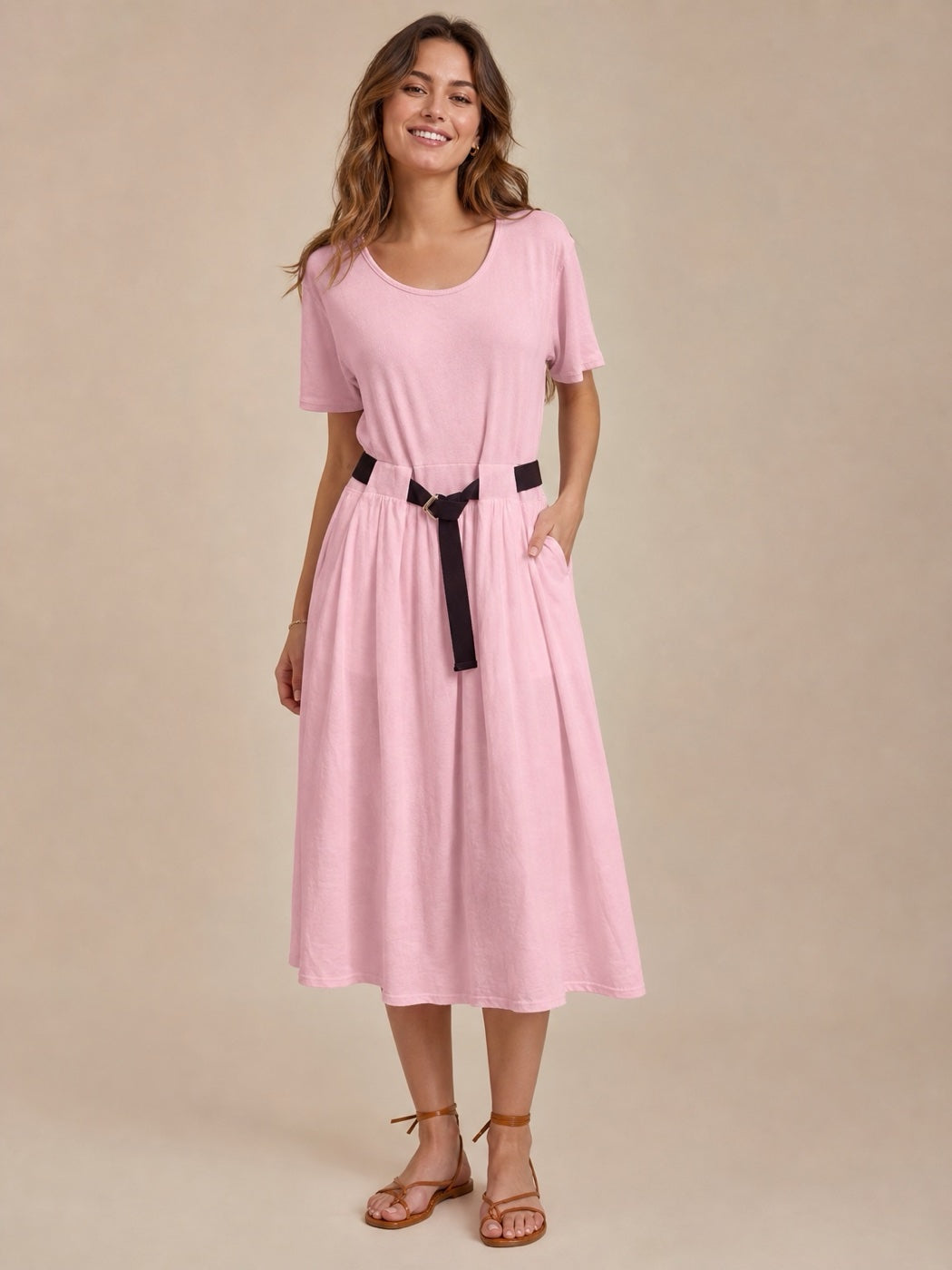 Scoop Neck Belted Midi Dress - Pink
