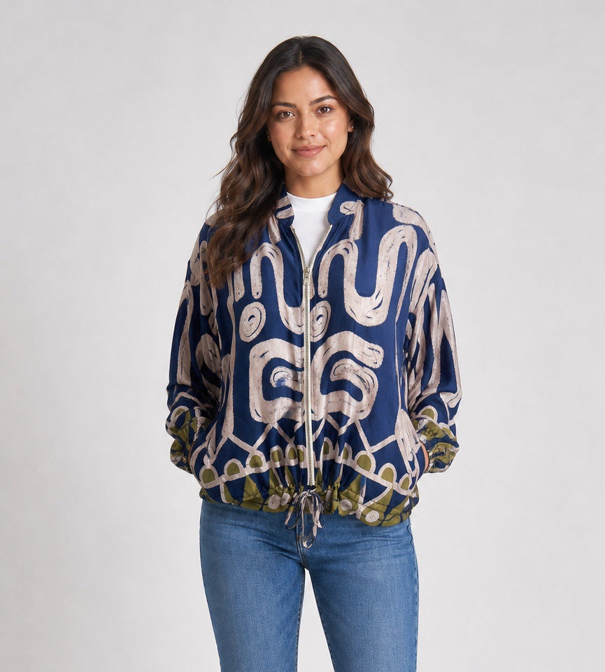 Abstract Print Bomber Jacket - Navy