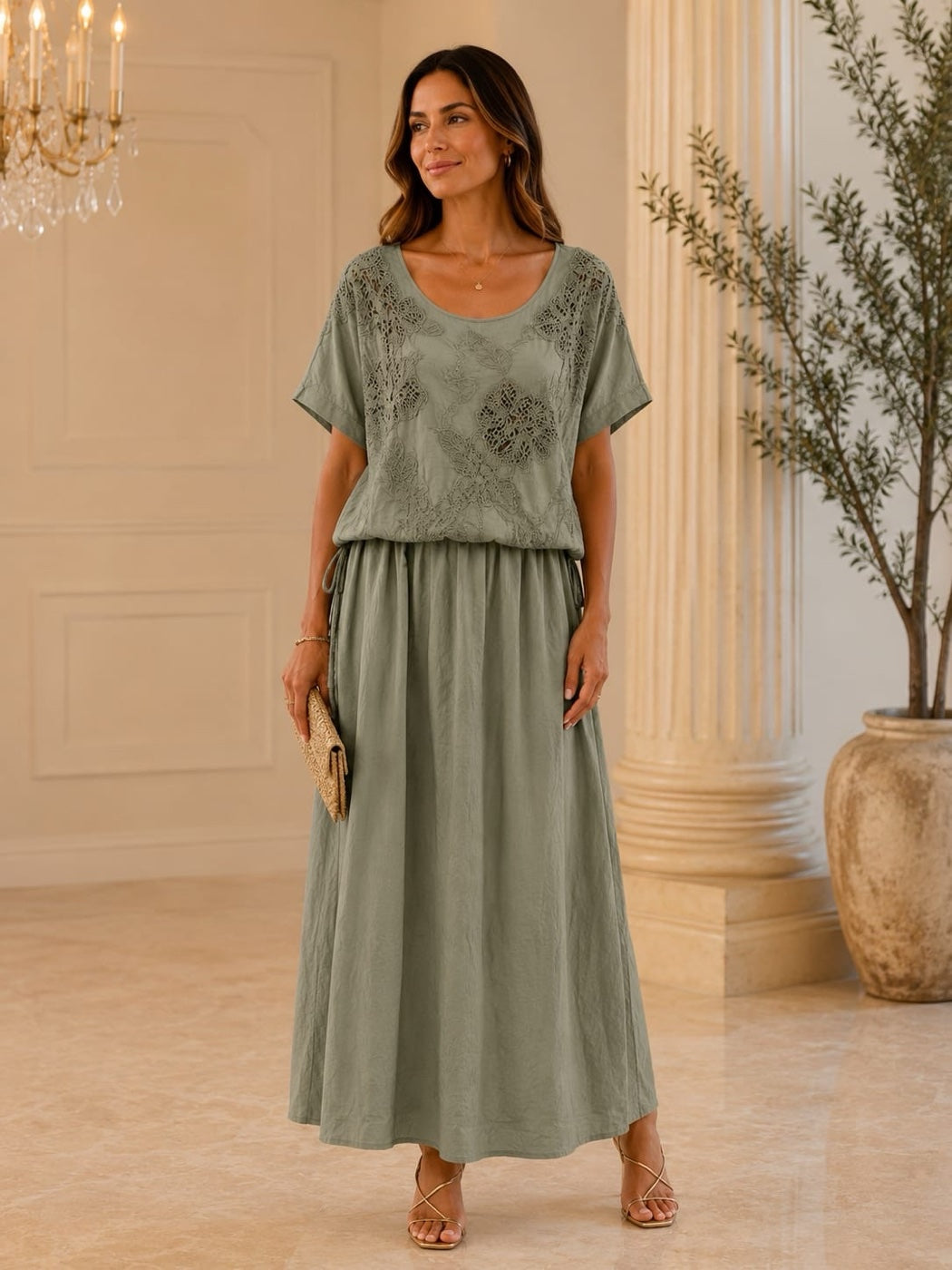 Embroidered Cinched Waist Midi Dress - Khaki