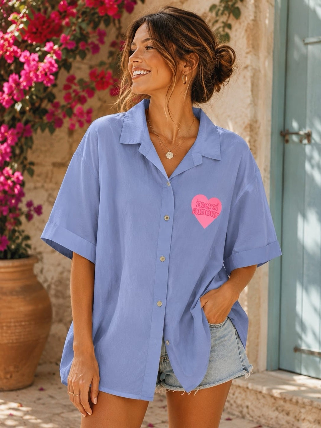 Merci Amour Oversized Shirt - Cornflower Blue