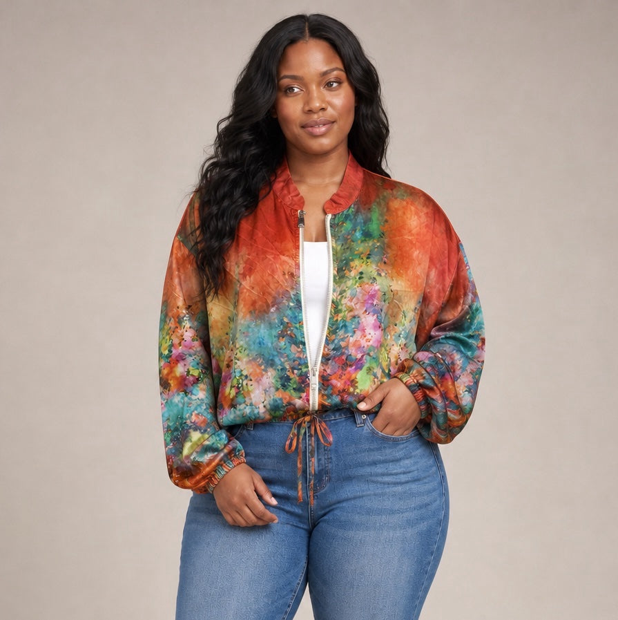 Painterly Floral Bomber Jacket - Orange