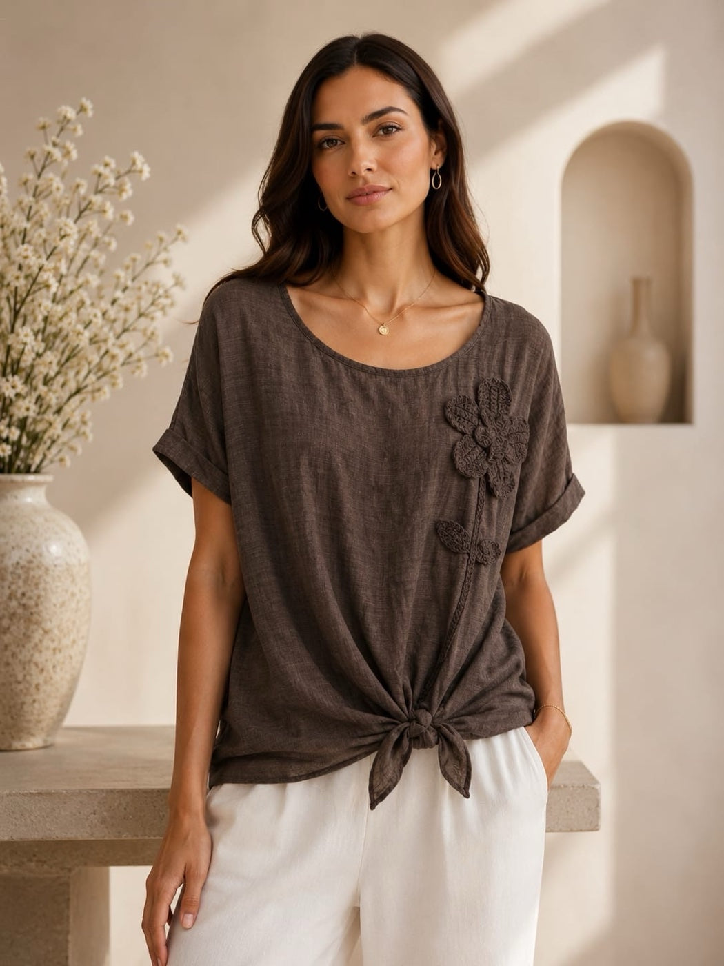Textured Knot Hem Top with Floral Appliqué - Olive Green