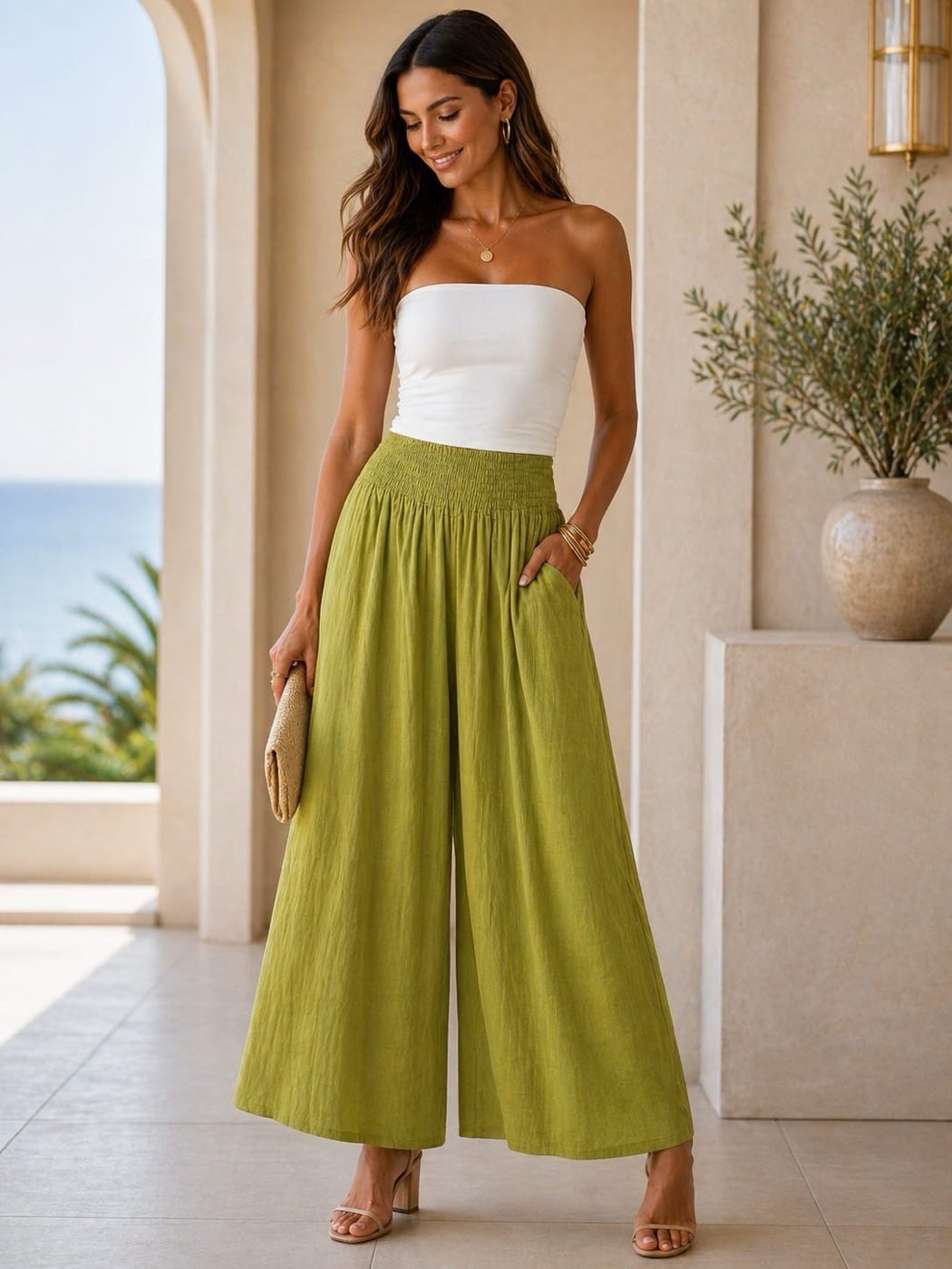 Smocked Waist Wide-Leg Culottes - Olive Green