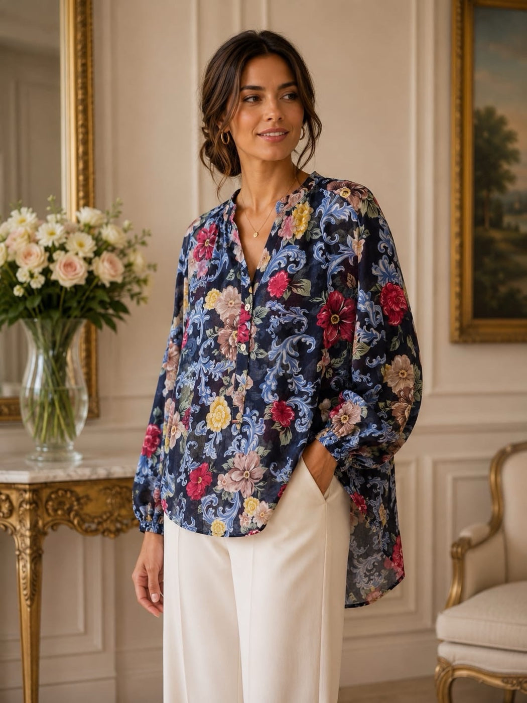 Floral Print V-Neck Blouse - Navy