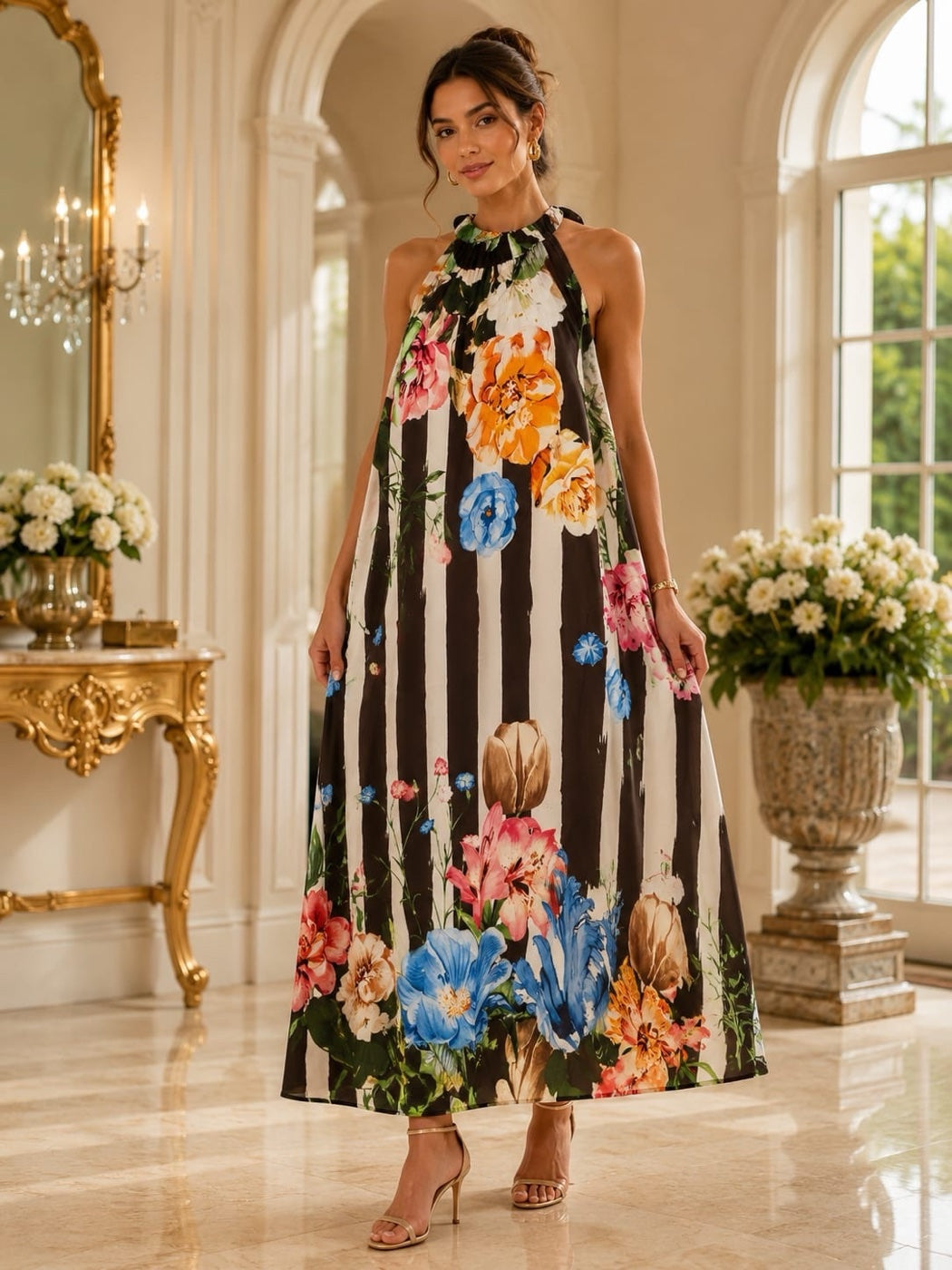 Maxi Dress with Floral Print and Halter Neck - Chocolate