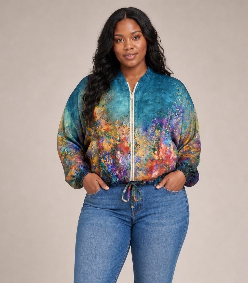 Painterly Floral Bomber Jacket - Light Sea Green