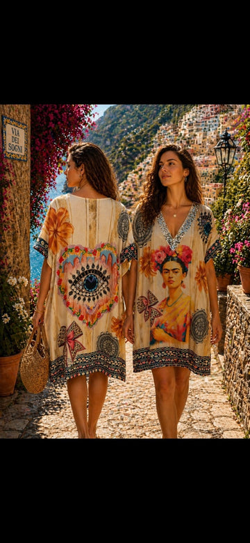Frida Kahlo Kaftan Dress with Embellished Neckline - Beige
