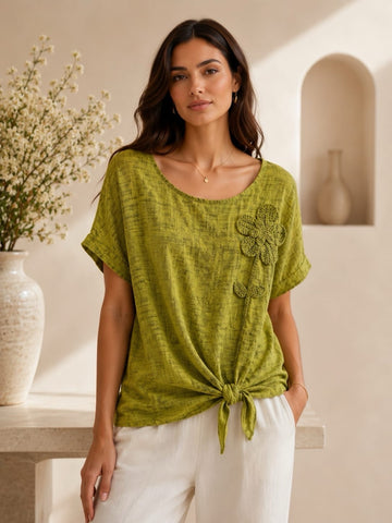 Textured Knot Hem Top with Floral Appliqué - Olive Green