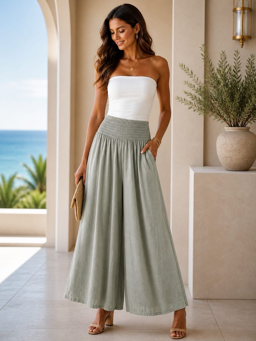 Smocked Waist Wide-Leg Culottes - Khaki