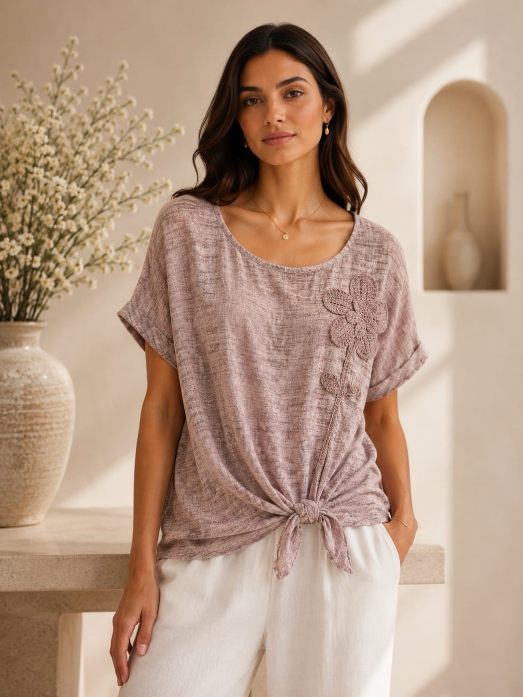 Textured Knot Hem Top with Floral Appliqué - Dusty Rose