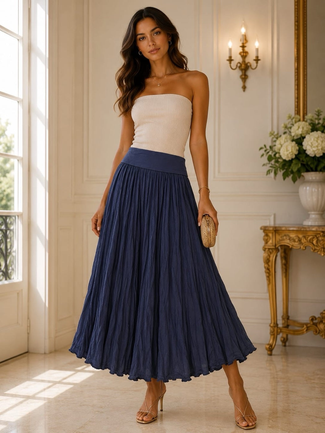 Flowing Scalloped Hem Maxi Skirt - Navy