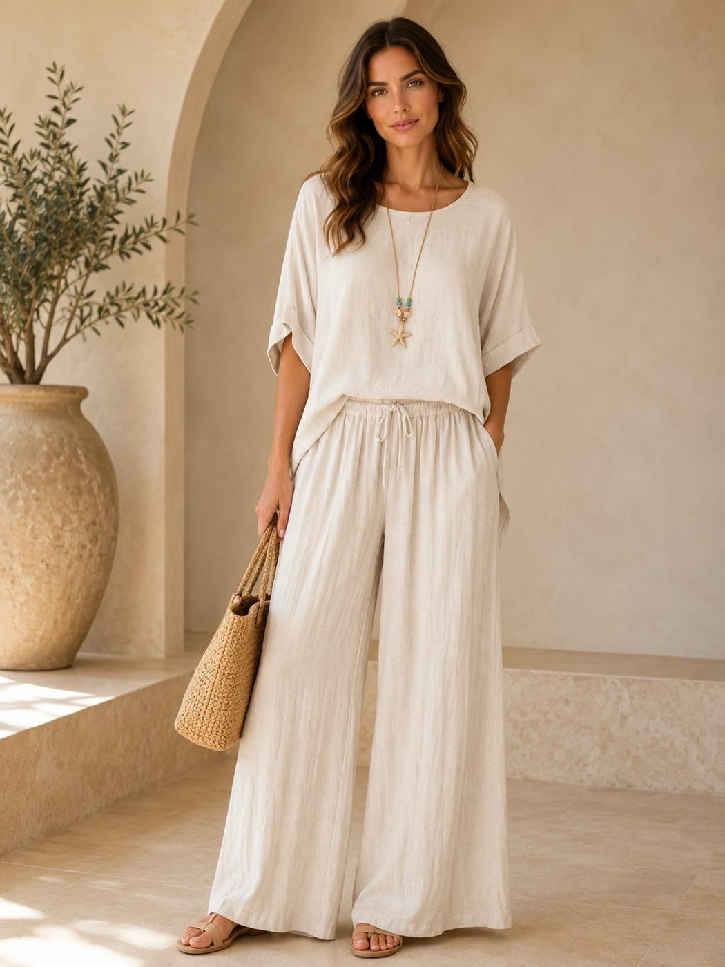 Linen Wide-Leg Trouser and Boxy Top Set - Beige