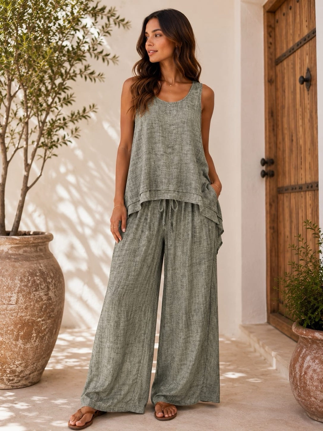 Layered Tank & Wide-Leg Trouser Set - Khaki