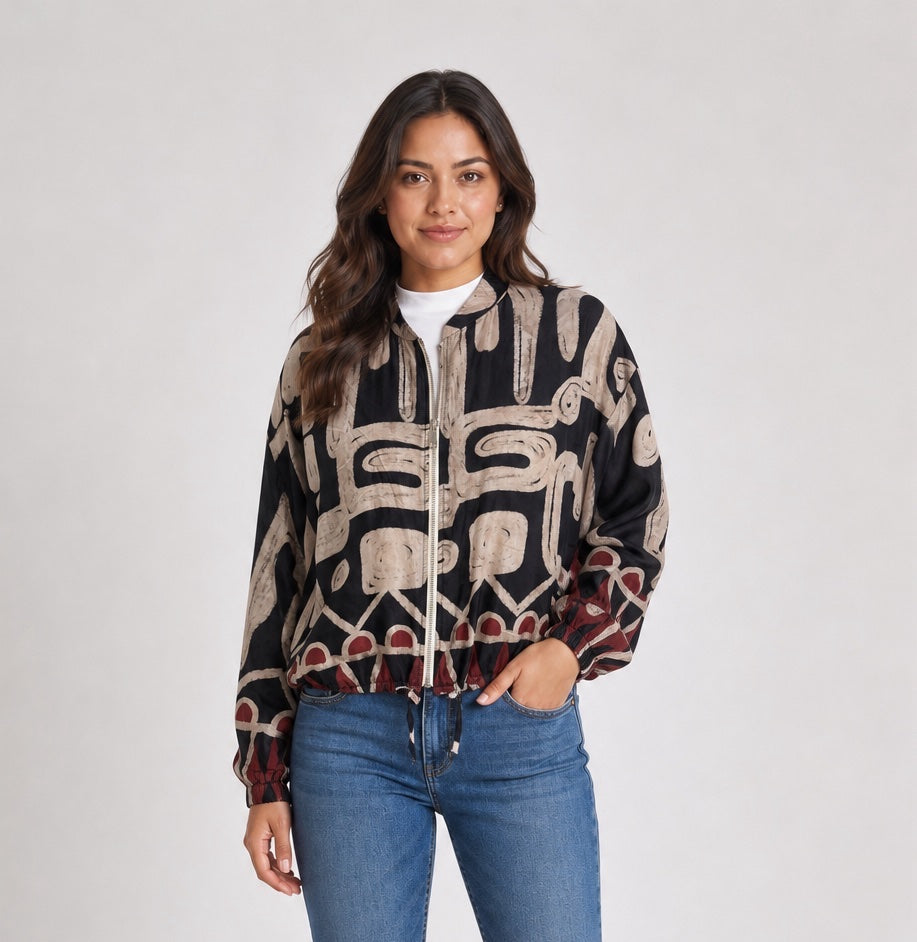 Abstract Print Bomber Jacket - Black