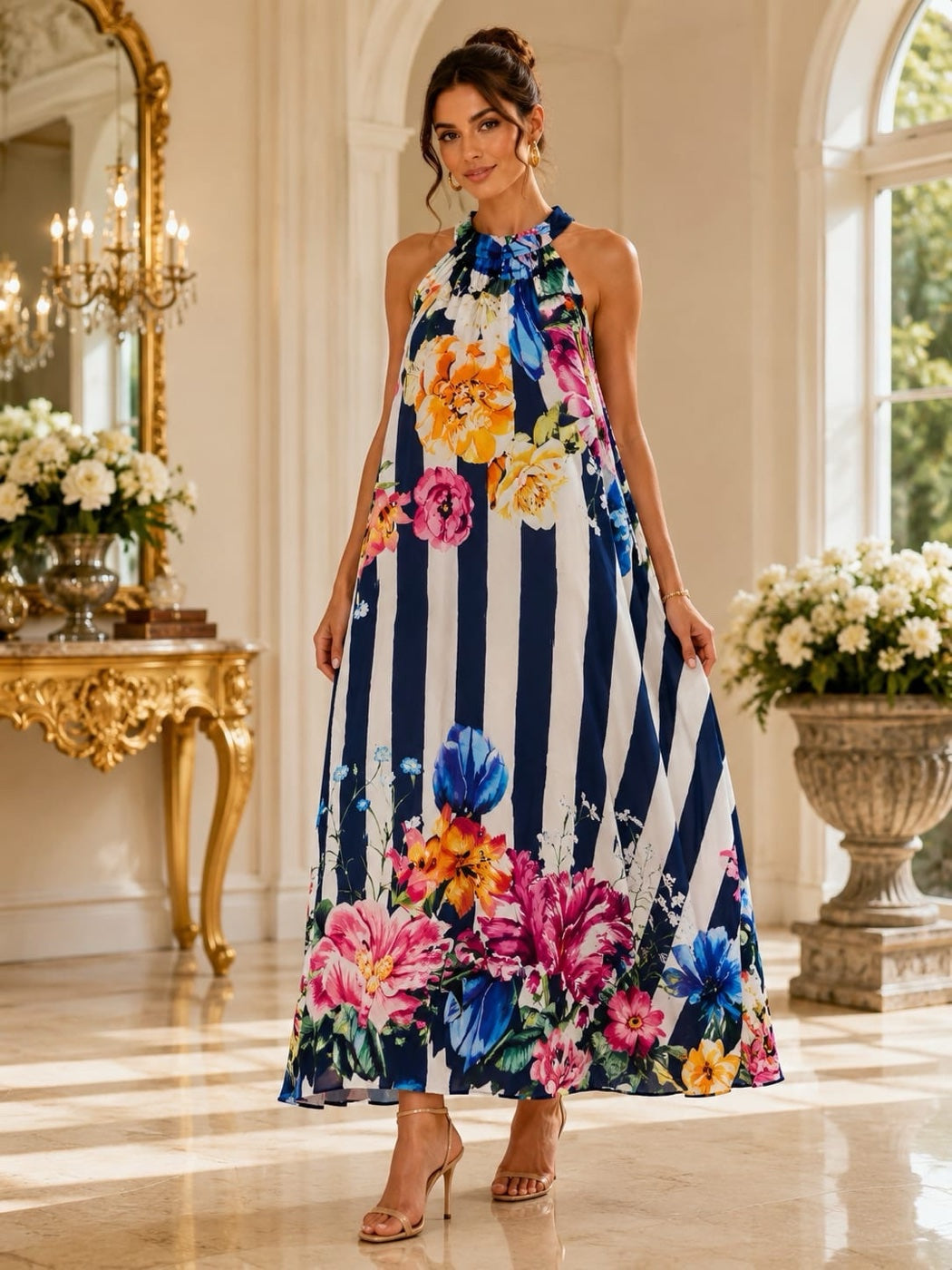 Maxi Dress with Floral Print and Halter Neck - Nav