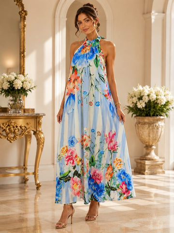 Maxi Dress with Floral Print and Halter Neck - Baby Blue