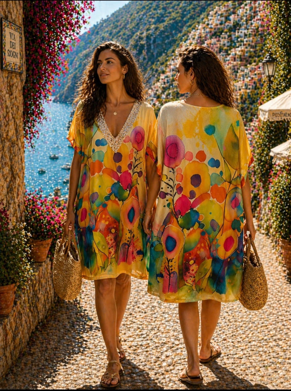 Artistic Floral Kaftan Dress with Embellished Neckline - Beige