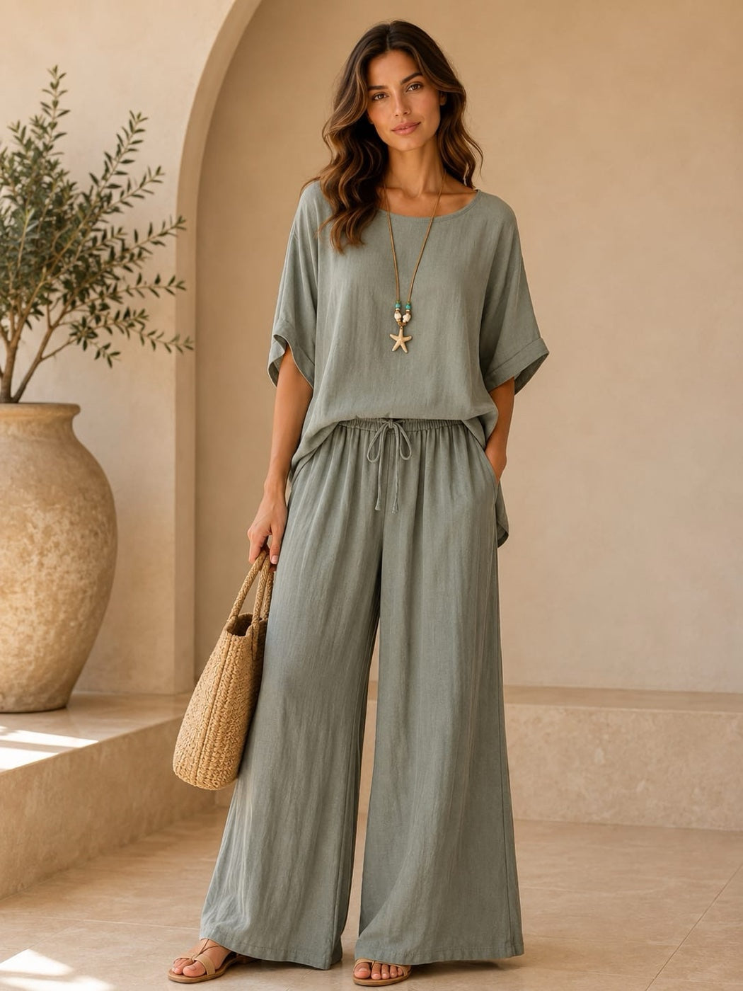 Linen Wide-Leg Trouser and Boxy Top Set - Khaki