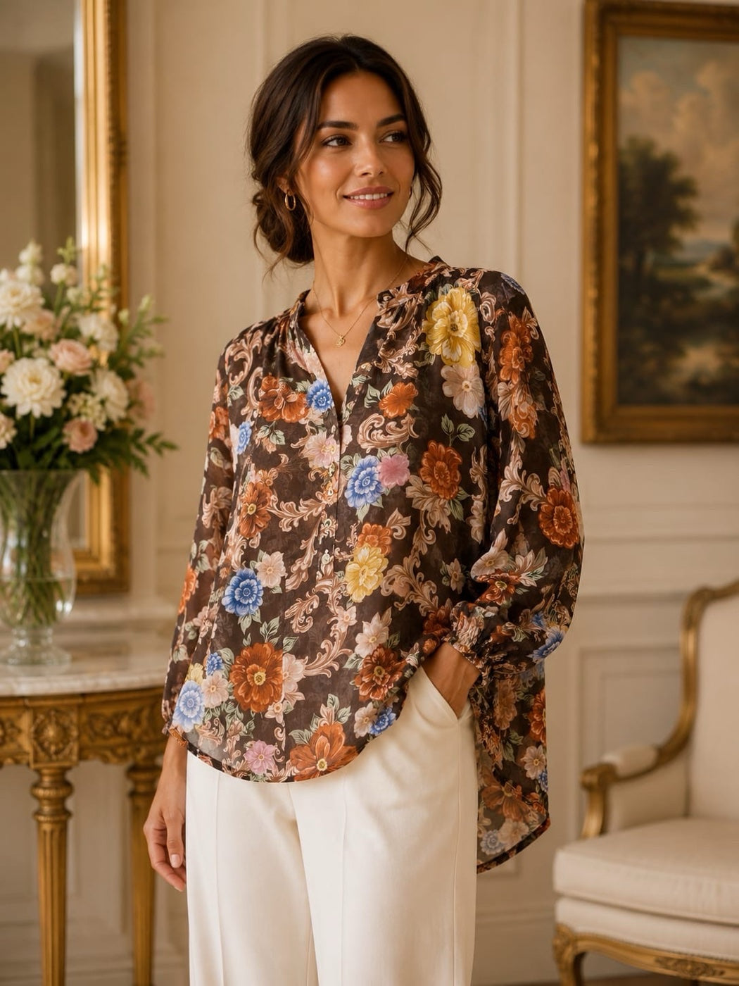 Floral Print V-Neck Blouse - Brown
