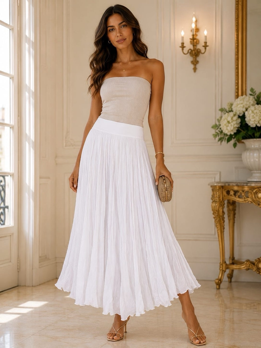 Flowing Scalloped Hem Maxi Skirt - White