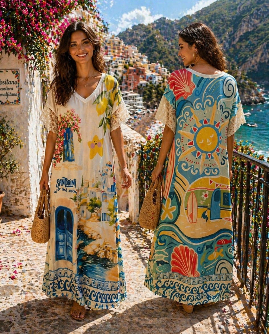 Maxi Dress with Coastal Village Print - Beige