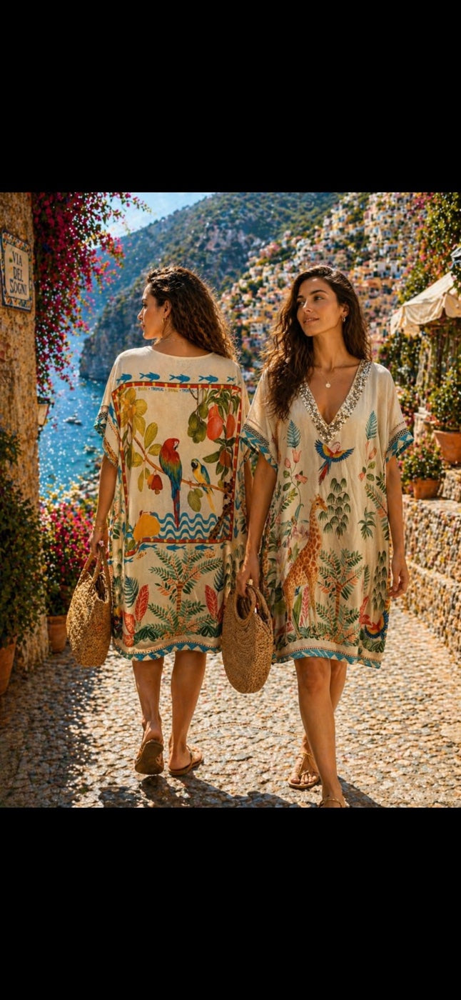 Embellished Jungle Motif Kaftan - Beige